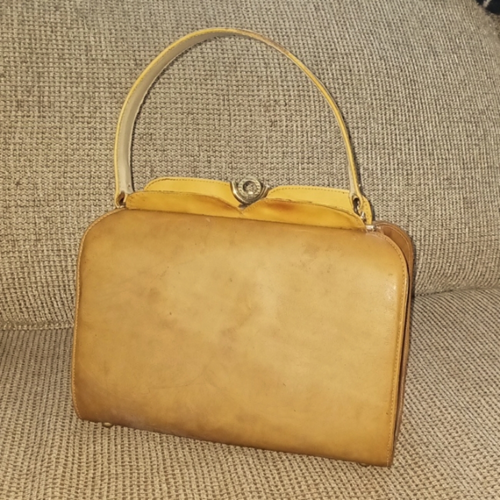 LENNOX BAGS Vintage Beige/Dark Beige Suede/Patent Leather Two-Tone Handbag Purse